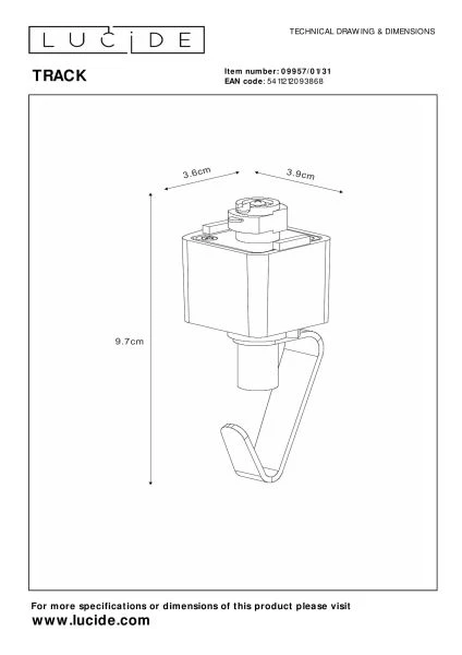 Lucide TRACK Adaptador lámpara colgante - Sistema de carril monofásico / Iluminación con rieles - Blanco (Extensión) - TECHNISCH